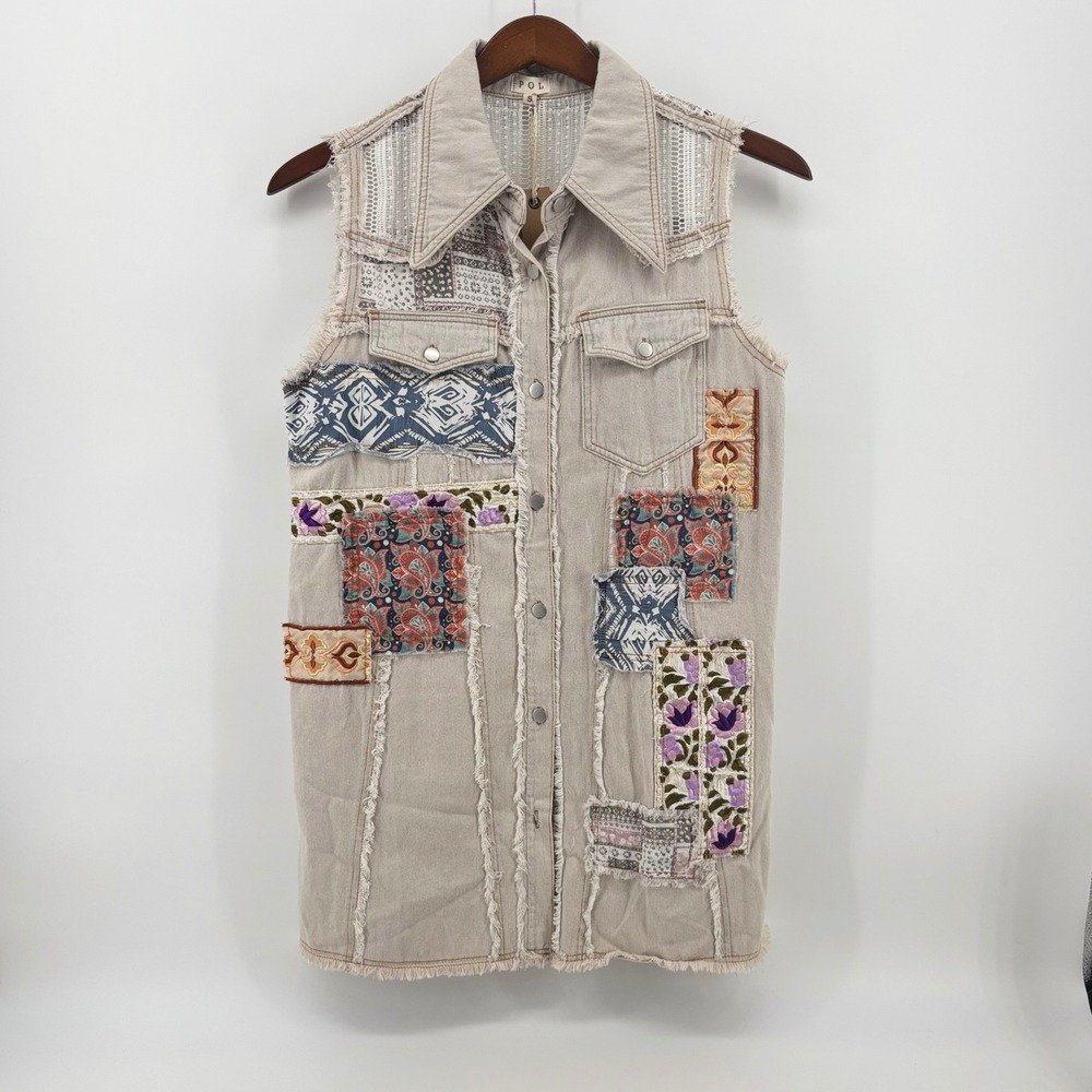 POL Womens Patchwork Floral Embroidered Denim‎ Vest Tan Boho Lace Back Small